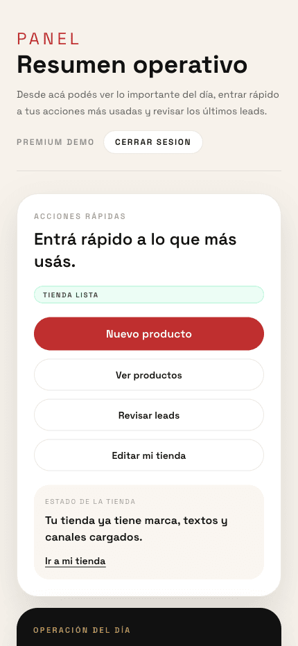 Pantalla de resumen operativo del panel de tienda