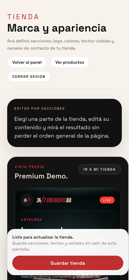Pantalla de edición de marca y apariencia del panel